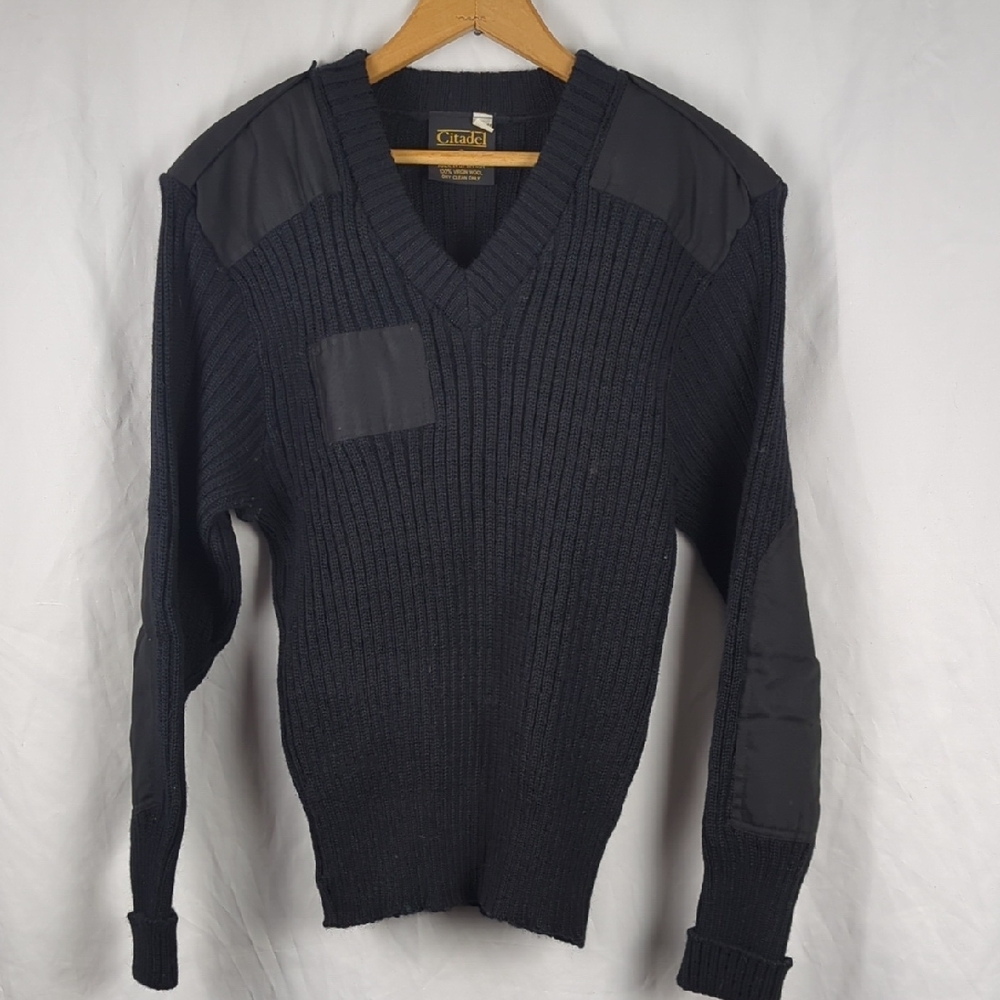 CITADEL Vintage Black Military Sweater Woolly Pully Commando Patches